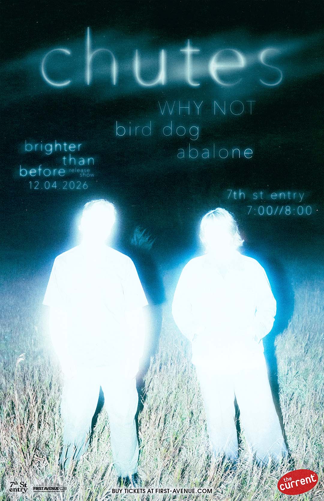 Chutes 'Brighter Than Before' release show with WHY NOT, bird dog and Abalone at the 7th St Entry, Dec. 4, 2026, event art